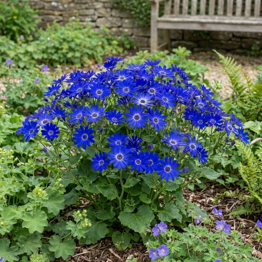 Dome-shaped senetti plant covered in rich royal blue daisy flowers in a garden border by a bench