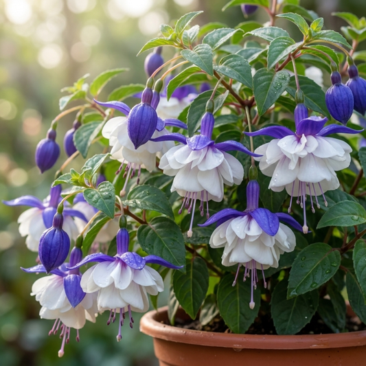 Trailing fuchsia with double white blooms and violet-blue sepals above green leaves, terracotta pot