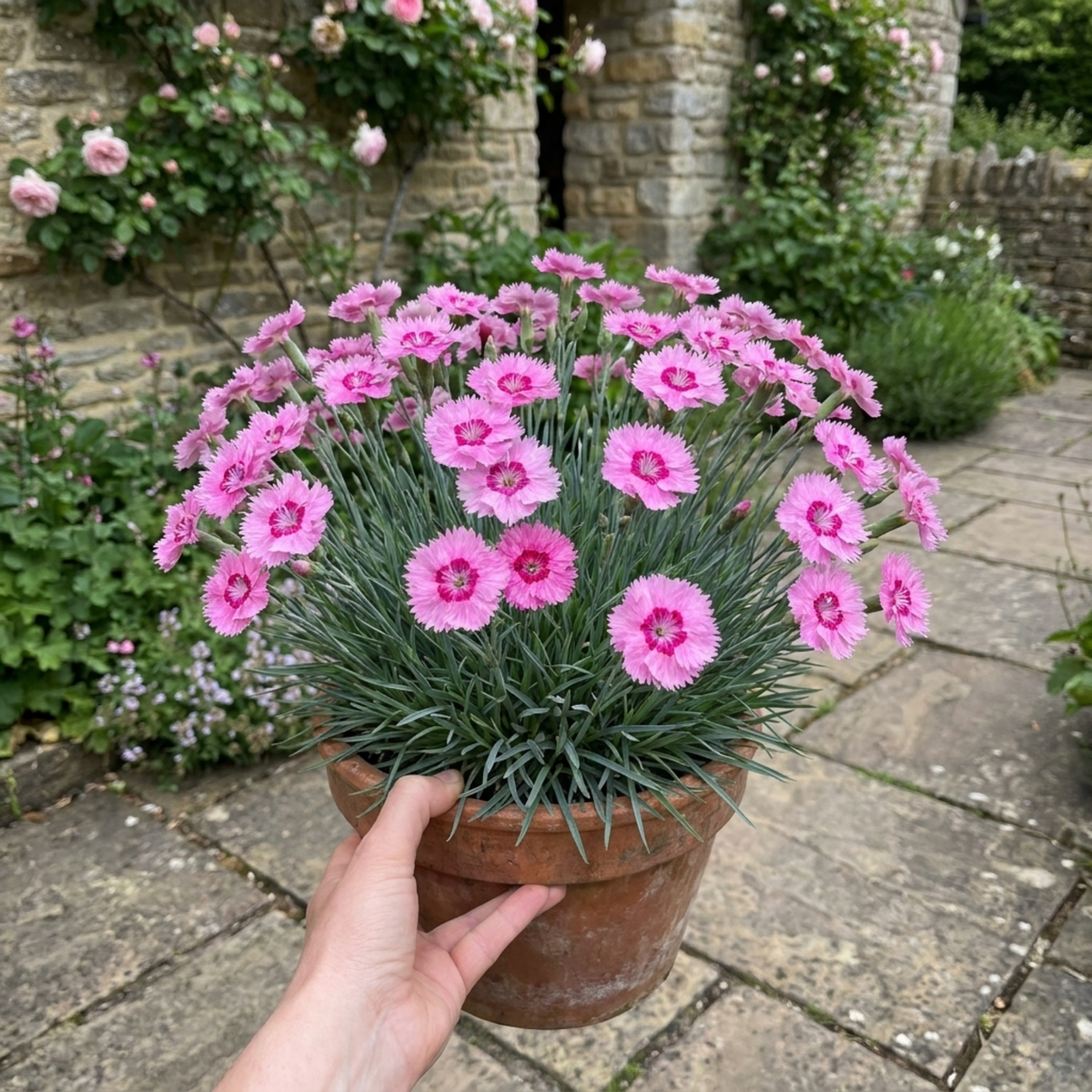 Terracotta pot of clear pink single pinks with darker eyes, held above a stone patio