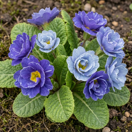 Primrose rosette carrying double flowers in deep violet-blue and pale sky blue with yellow eyes