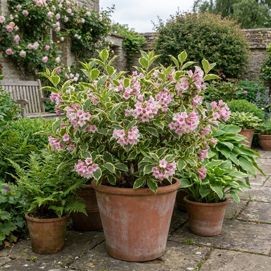 Bushy shrub with cream-edged green leaves and clusters of pale pink trumpet flowers in a terracotta pot