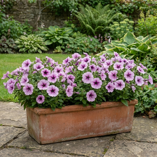 Terracotta trough of pale mauve petunias with darker purple veining in every trumpet