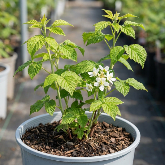 Young raspberry cane in a grey pot, bright green serrated leaves and an open white five-petalled flower