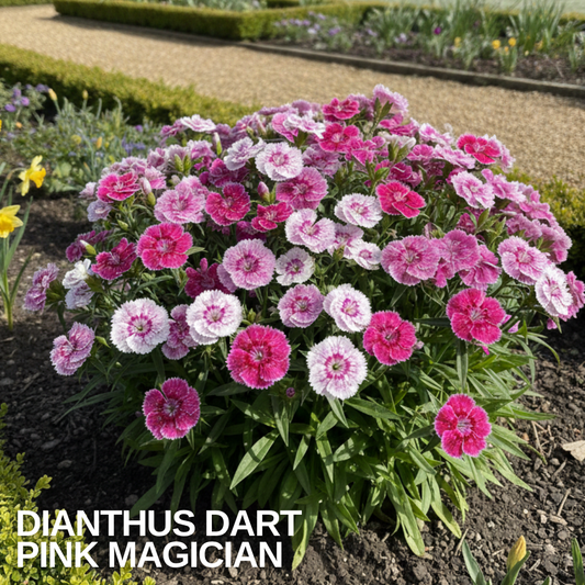 Mound of frilled dianthus flowers in pink and white bicolours in a formal garden border
