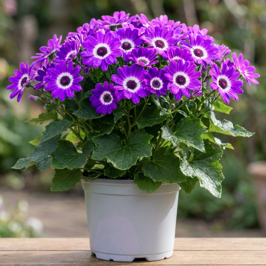 Domed pericallis in a white pot covered in purple daisy flowers with white haloes and dark centres