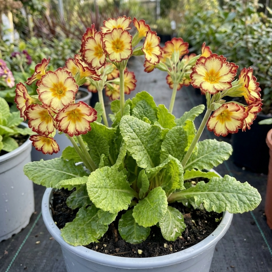 Frilled yellow primrose flowers edged in deep red above a rosette of crinkled leaves in a pot