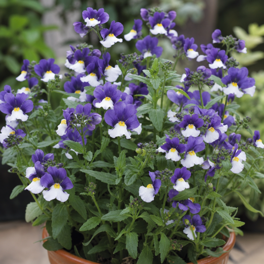 Deep purple and white bicolour nemesia flowers massed in a terracotta pot