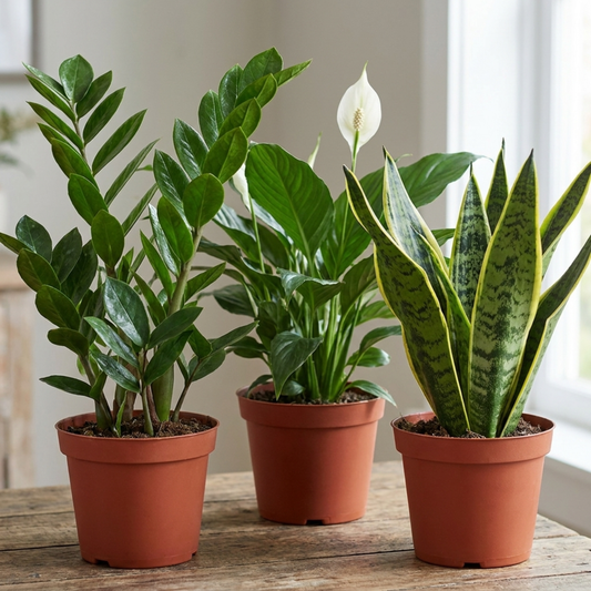 Three terracotta pots on wood: glossy ZZ plant, peace lily in white flower and banded snake plant