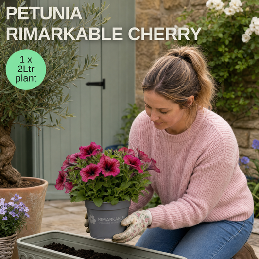 Gardener kneeling with a pot of cherry-pink petunias beside a planting trough