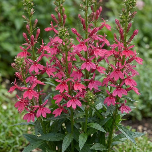 Lobelia with slender spikes of deep rose-pink flowers above narrow green foliage