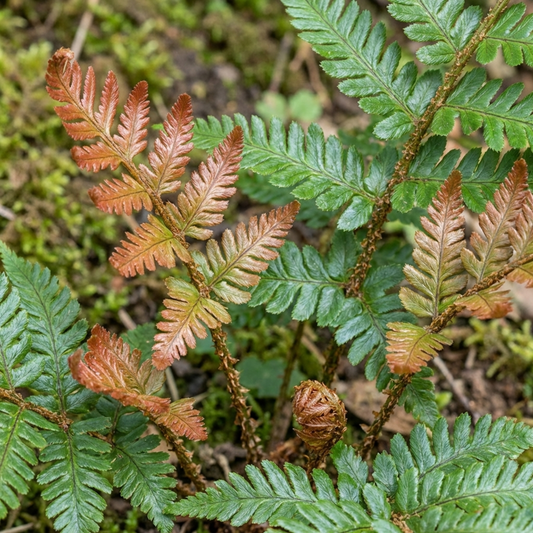 Japanese shield fern with coppery-pink young fronds unfurling among mature glossy green fronds