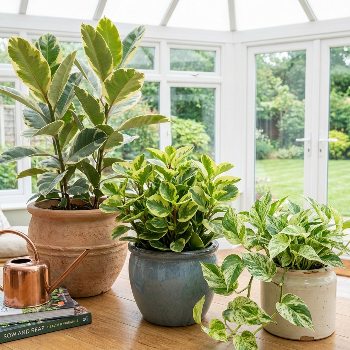 Ficus 'Tineke', Variegated Peperomia & Marble Queen Pothos – Variegated Houseplant Collection (Set of 3)