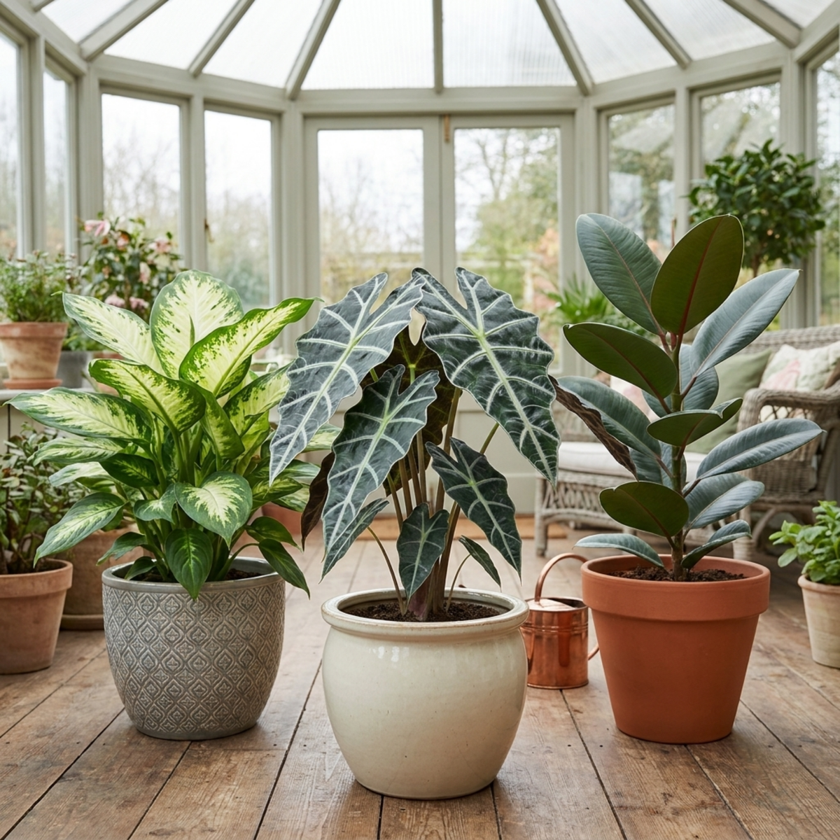 Dieffenbachia, Alocasia 'Polly' & Ficus Robusta – Bold Leaf Houseplant Collection (Set of 3)