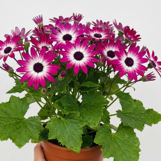 Hand holding a small potted pericallis with cerise-pink daisy flowers with white haloes and dark eyes