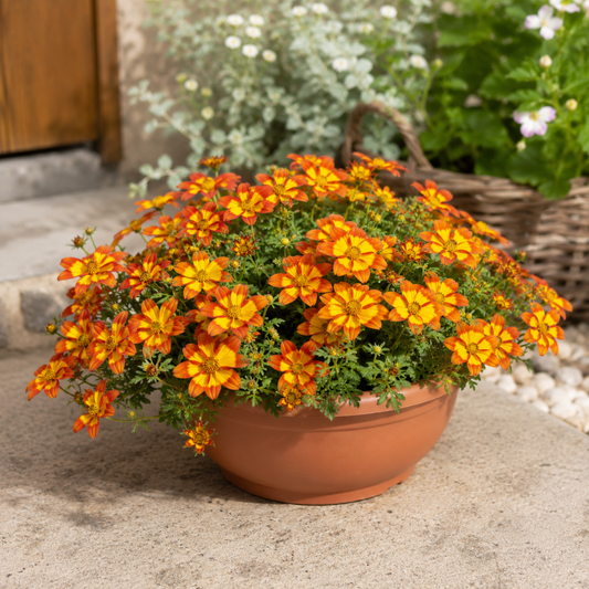 Terracotta bowl of bidens with red-and-yellow star-shaped daisies above fine green leaves